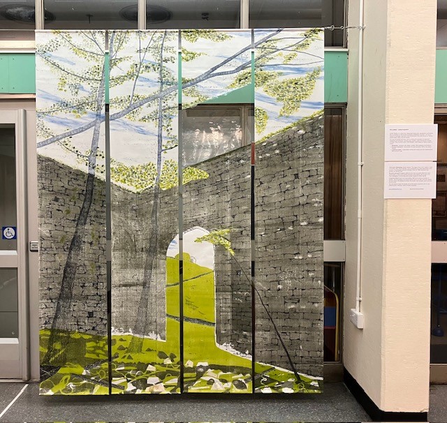 Image of Carolyn Murphy's print installation called Reclaiming in the foyer of the Holborn Library