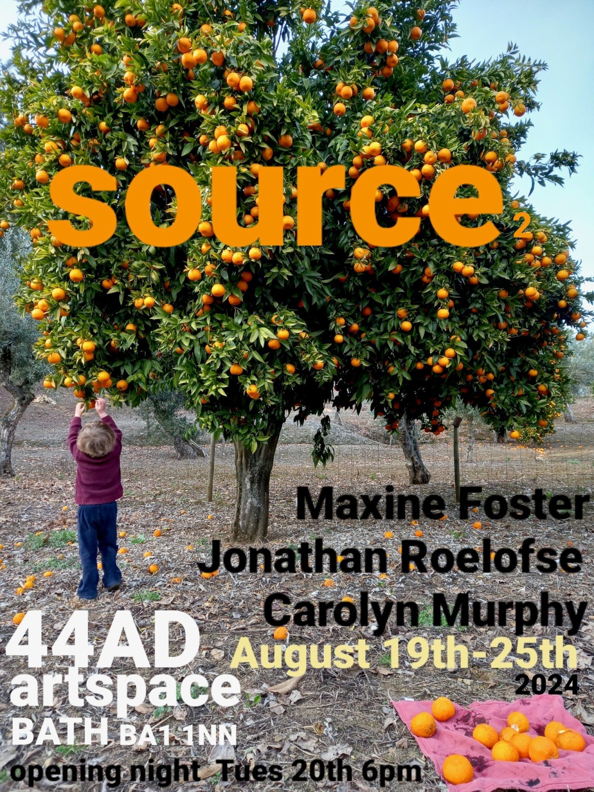 Source 2 poster with artist names, exhibition information and image of an orange tree