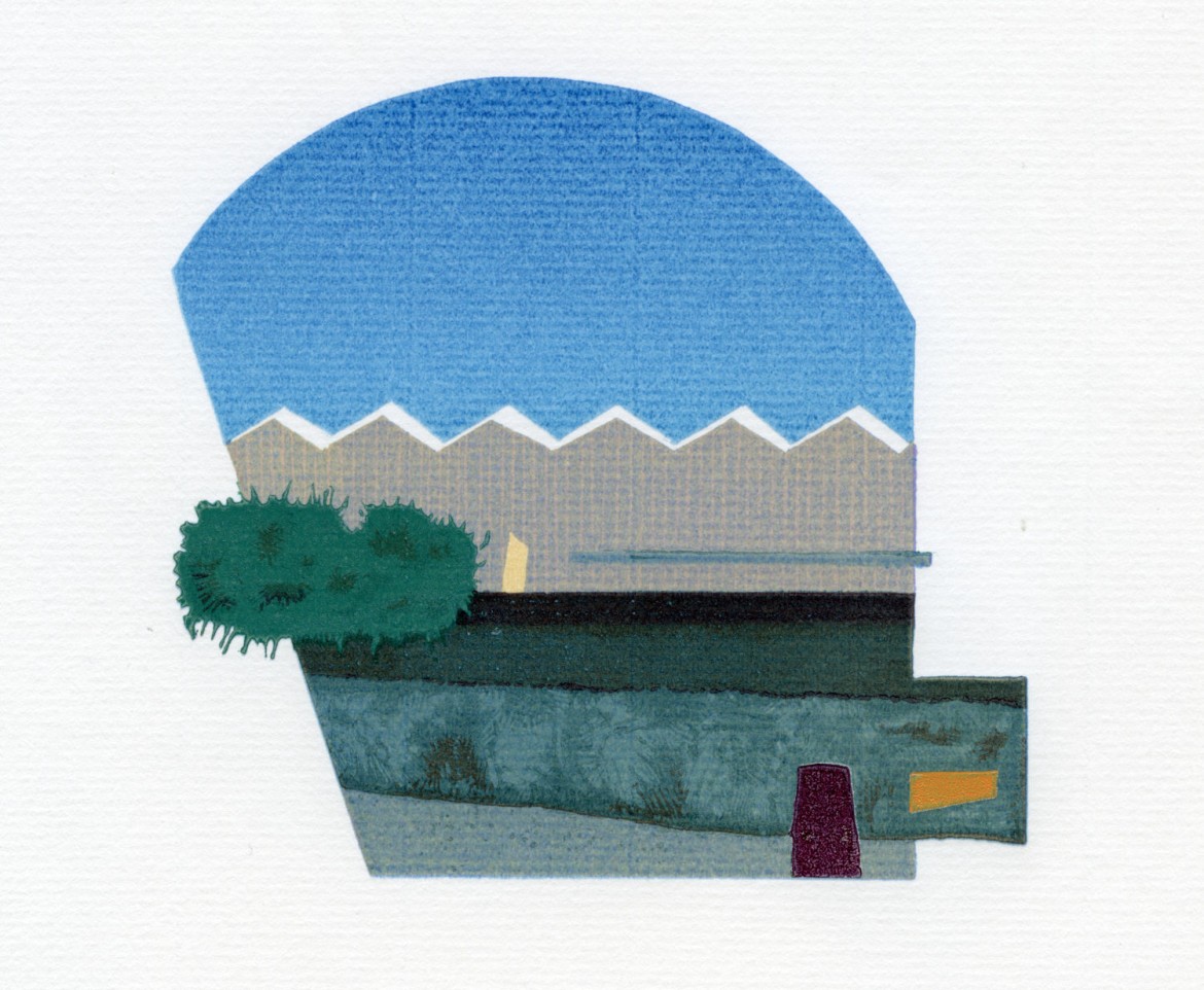 shaped linocut with arched top. Blue sky down to zigzag of roofs just catching sunlight, then below bands of grey. Mostly flat areas of colour with some areas of close-toned texture