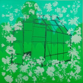 A greenhouse on a green background, surrounded by flowers