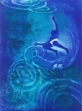 Silhouette of a Swimmer viewed from beneath water.